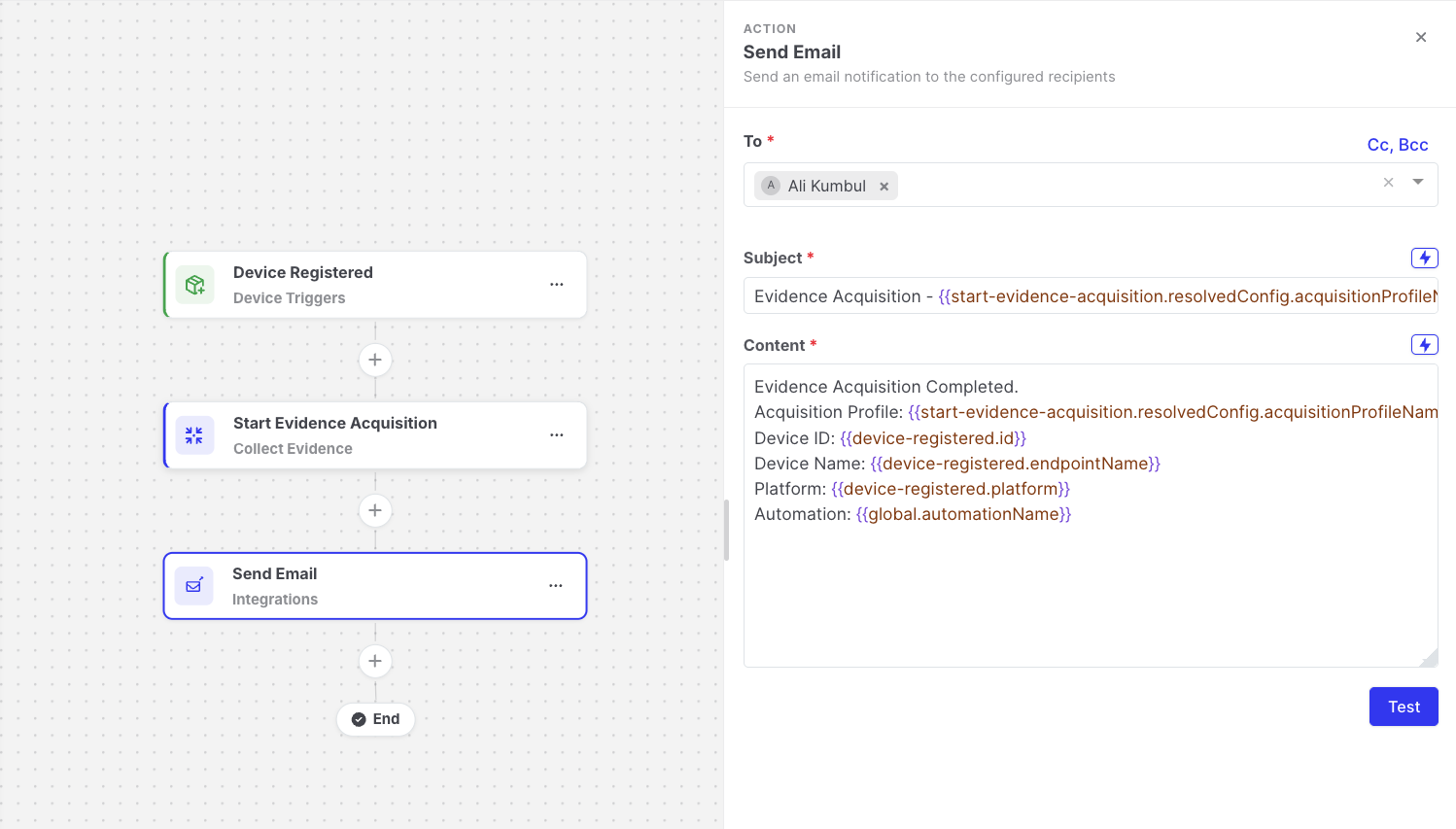 Send Email: Action settings
